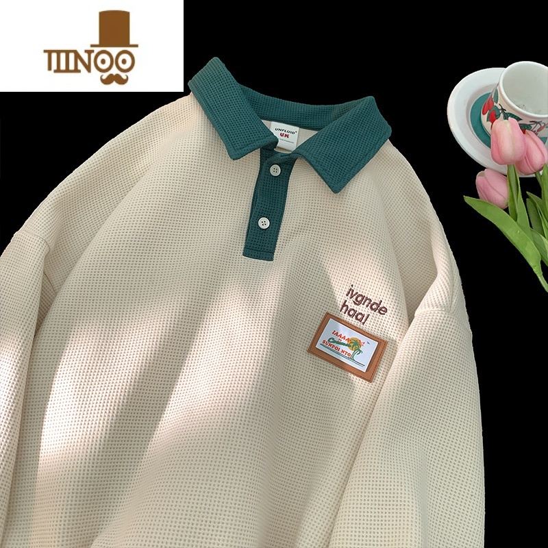 YANXU美式复古vintag卫衣男宽松polo衫情侣装华夫格翻领格il男高清大图
