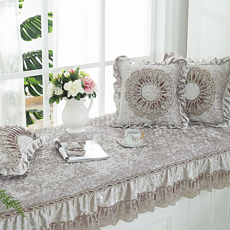 汐岩飘窗垫欧式窗台垫卧室落地飘窗垫四季通用阳台垫榻榻米垫飘窗装饰 灰色--虞美人(80宽+20裙摆)*180cm长