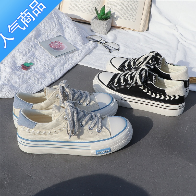 suntek圆头系带低帮日系帆布鞋女平底春季百搭韩版新款潮学生小白鞋