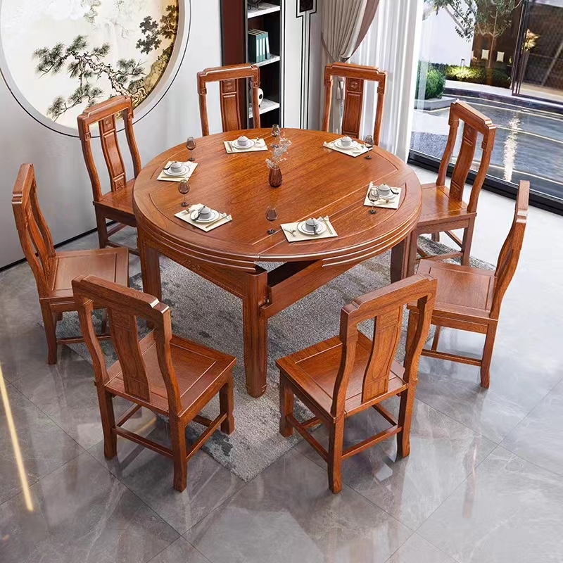 花梨木全实木餐桌椅组合可伸缩折叠餐桌现代中式仿古雕花格木家用圆桌