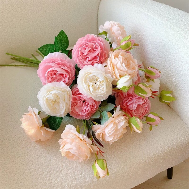 思唯美(sweet made) 牡丹仿真花绢花摆件 粉色3支+香槟3支[6支18朵花]高清大图