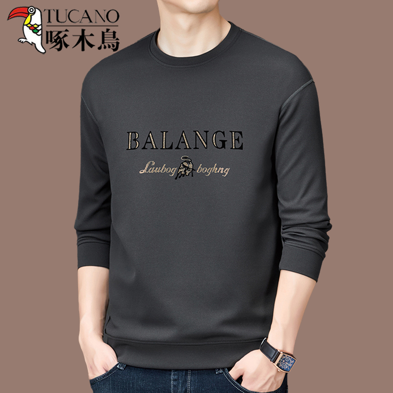 啄木鸟品牌秋冬新款长袖圆领纯棉卫衣男装高档t恤休闲加绒打底底高清大图