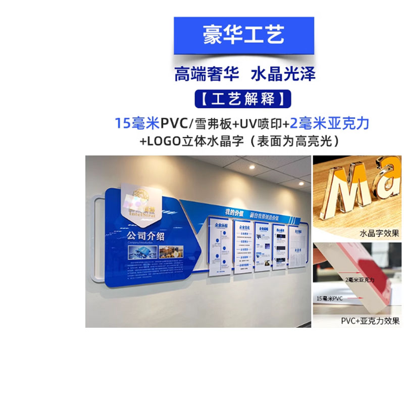 肯帝邦立体亚克力企业文化墙豪华工艺定制-15MM雪弗板+2mm亚克力+LOGO立体水晶字 每平方价格(含设计安装)高清大图