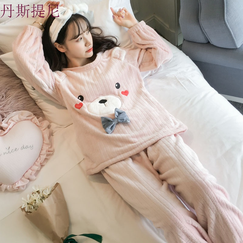 睡衣女秋冬季珊瑚绒加厚韩版清新甜美可爱学生法兰绒家居服女套装