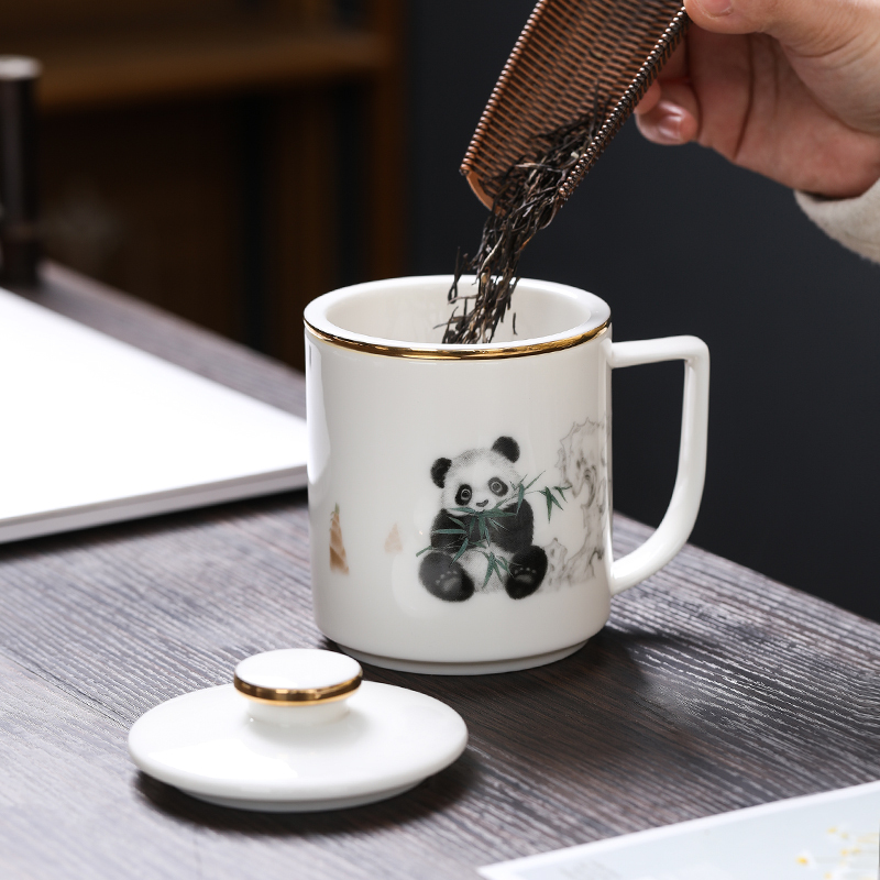MULTIPOTENTT茶杯玉瓷会议杯陶瓷带盖办公杯描金熊猫杯 精美伴手礼盒套装