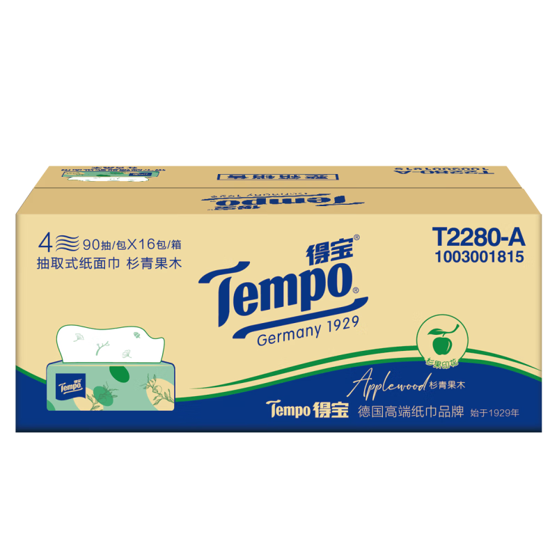 得宝(Tempo)90抽四层湿水不易破(苹果木味)抽取式纸面巾1*18 1箱T2280-A高清大图