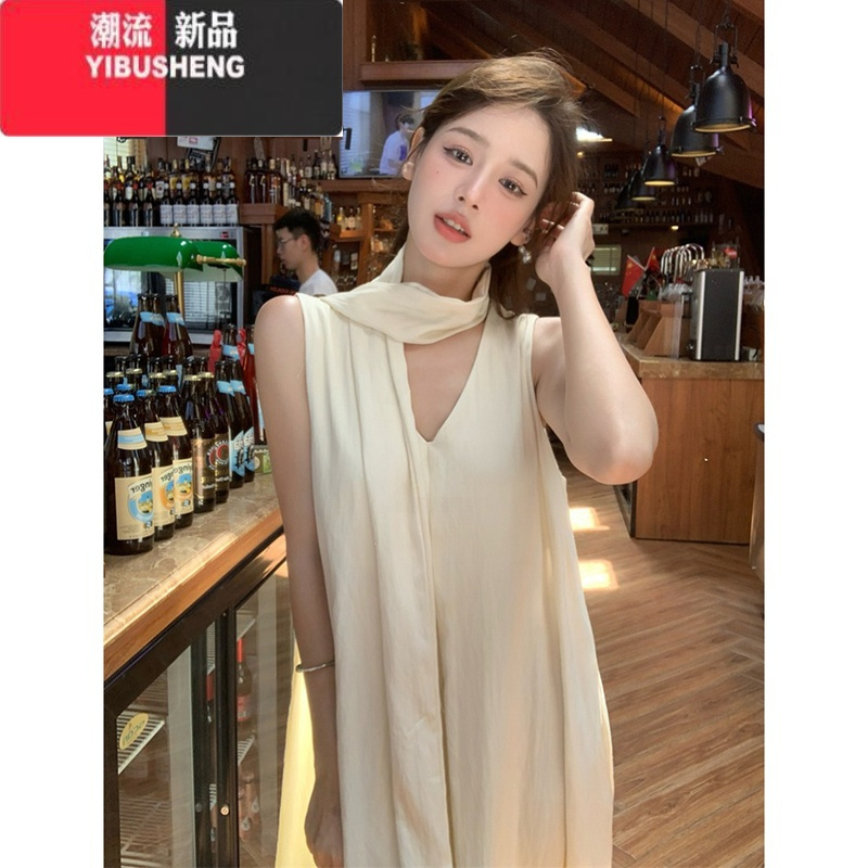 YIBUSHENG韩系气质黑色V领背心连衣裙女季2024新款高级感宽松百搭长裙子