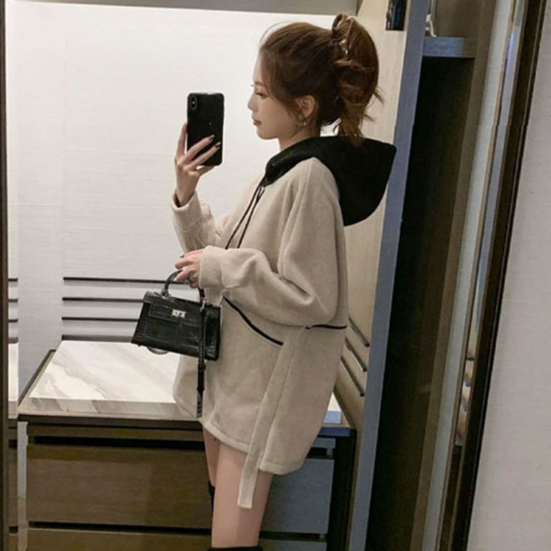 连帽卫衣女秋装2021新款潮韩版宽松薄款小个子中长款长袖上衣外套
