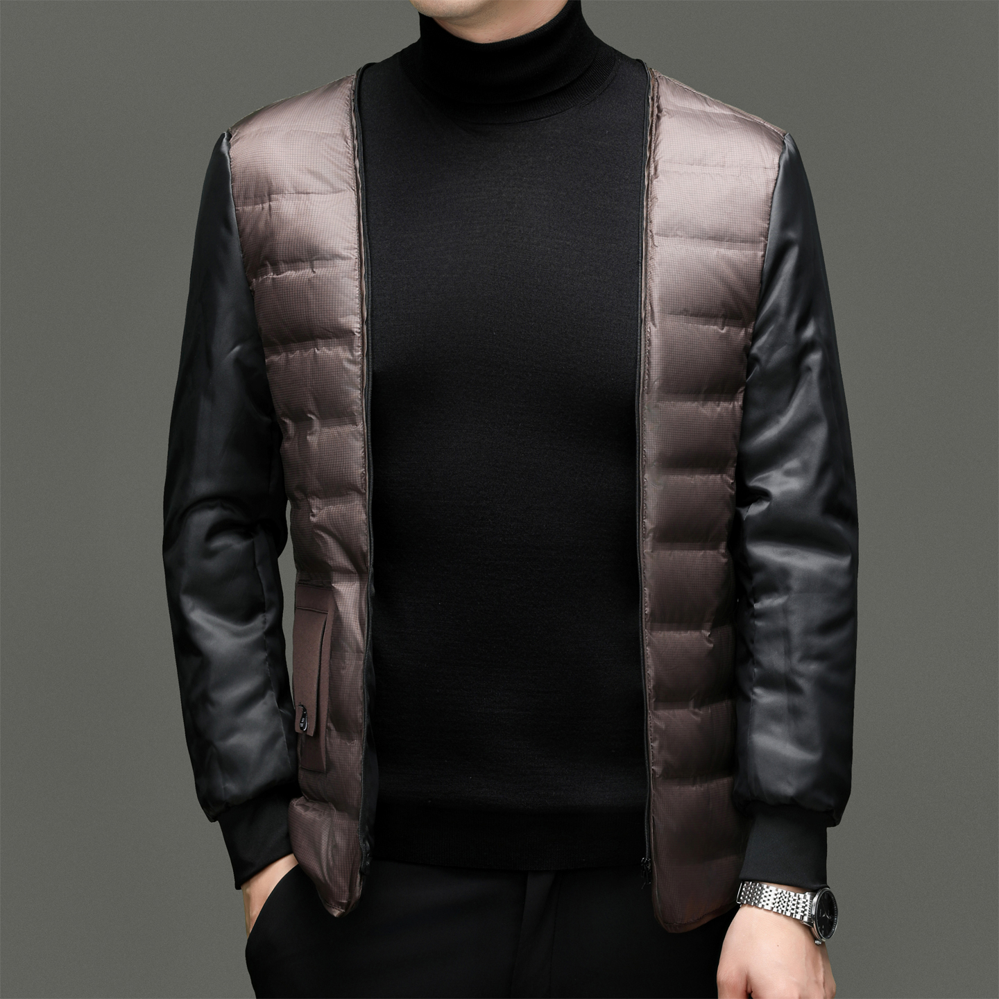 爸爸毛呢羽绒服男士2025新款冬季加厚短款中老年人羊毛呢大衣冬装外套毛呢大衣男中长款冬季爸爸装羊毛呢子外套保暖鸭绒羽绒服高清大图