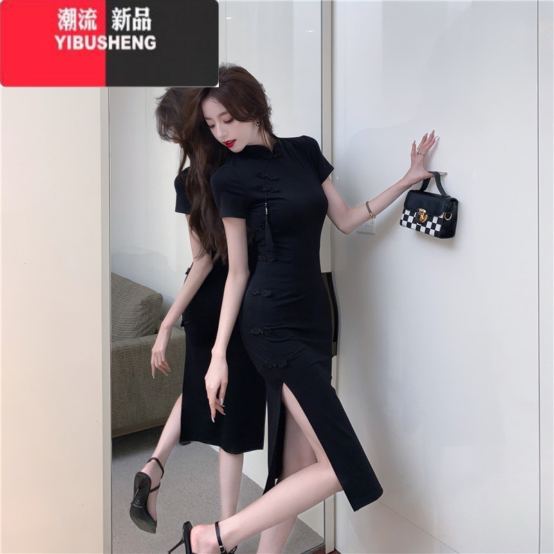 YIBUSHENG中式复古盘扣旗袍连衣裙女季高级感气质小黑裙收腰显瘦包臀长裙