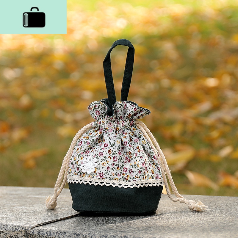 迷你抽绳束口袋女士外出购物手拎小包卫生巾钥匙零钱收纳袋日韩包NEW LAKE女士钱包/卡包 绿底小花