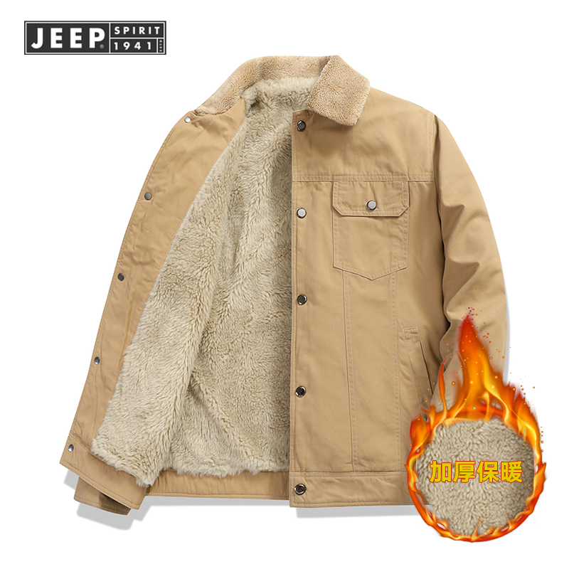 JEEP SPIRIT吉普男士棉衣冬装加绒加厚棉服美式外套纯棉翻领复古工装棉袄抗寒军绿大衣高清大图