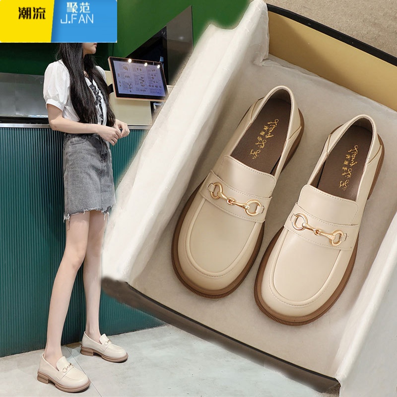 聚范配裙子小皮鞋女2024新款乐福鞋平底大码女鞋41一43单鞋 398-4眼镜扣杏色两穿高质量 35软皮软底