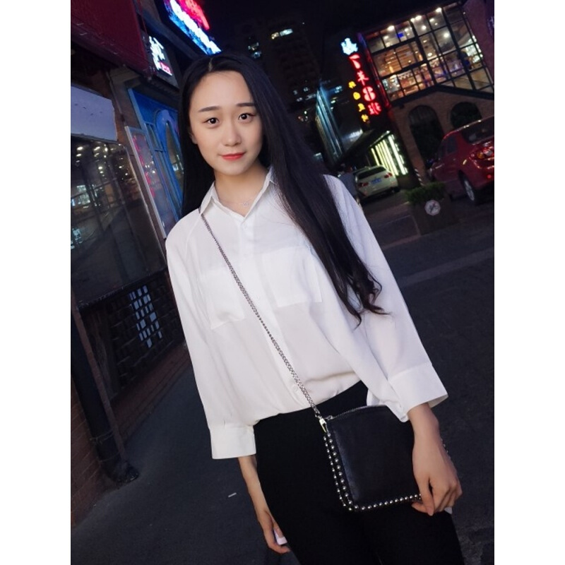 雪纺衫女夏薄长袖设计感衬衣韩版心机衬衫宽松上衣学生百搭防晒衣黑色图片中的黑色