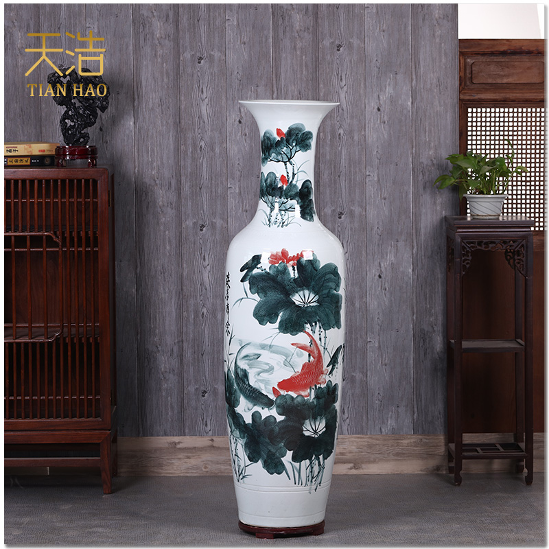 景德镇陶瓷落地大花瓶插花青花瓷中式客厅办公室装饰摆件酒店开业 三维工匠 手绘墨彩连年有余1.4米单个高清大图