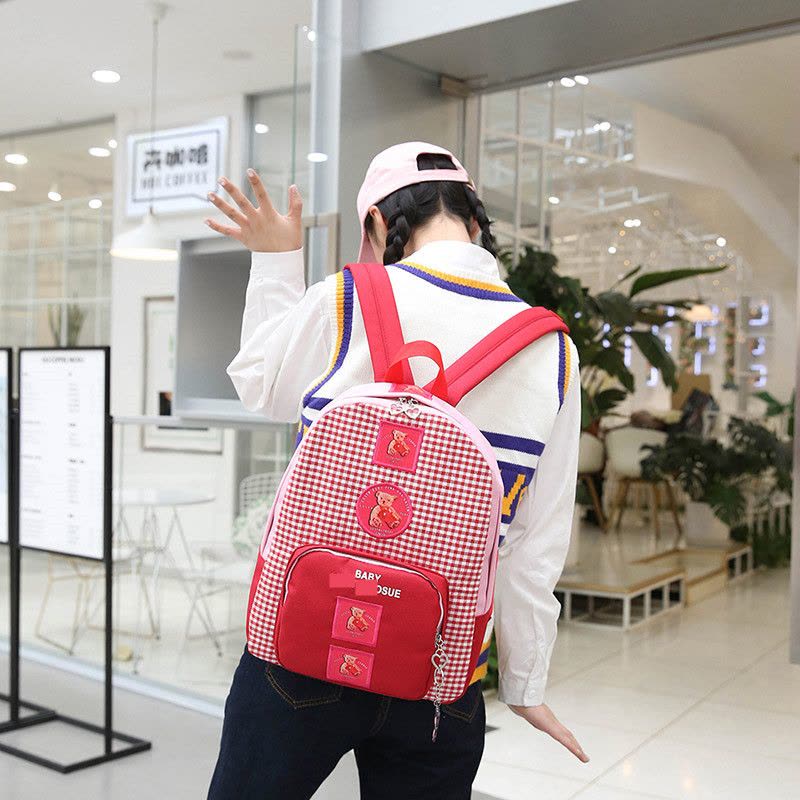 日系可爱卡通小熊格子软妹背包少女心双肩包学院风中小学生书包女图片
