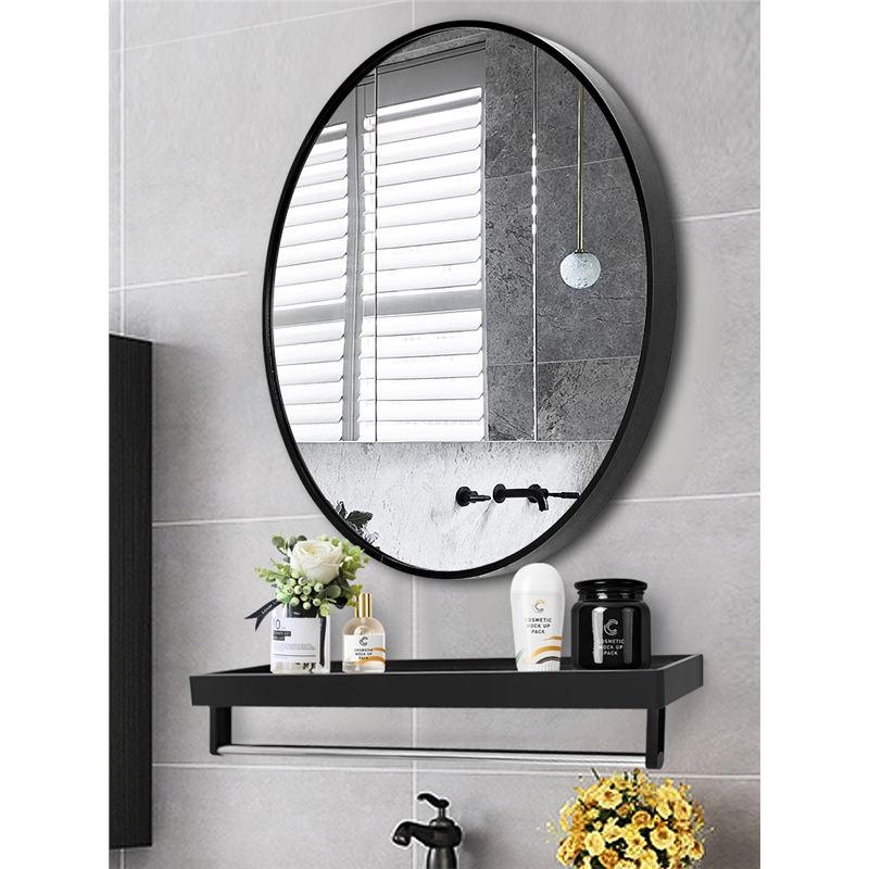 间浴室镜圆镜壁挂带置物架阿斯卡利镜子挂墙式洗手台免打孔厕所卫浴镜