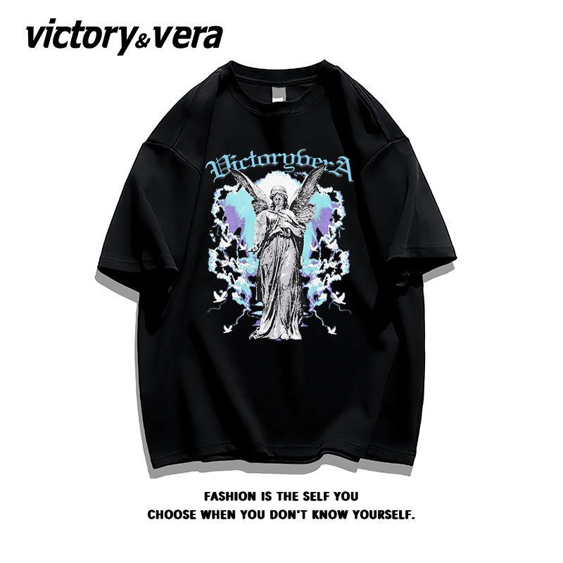 VICTORYVERA100%纯棉复古天使像印花短袖T恤女宽松夏季上衣chic
