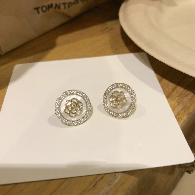 S925银针轻奢精致山茶花耳钉高级感气质镶钻立体圆形花朵耳饰品女 耳钉一对