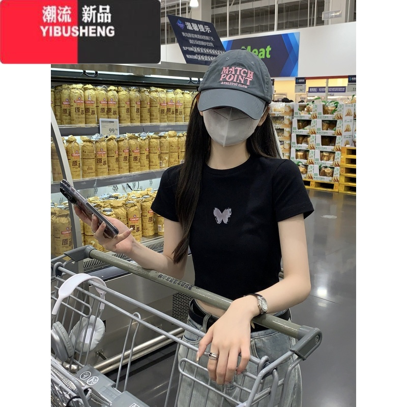 YIBUSHENG美式蝴蝶印花正肩短袖T恤装2024新款女装辣妹短款露脐修身上衣