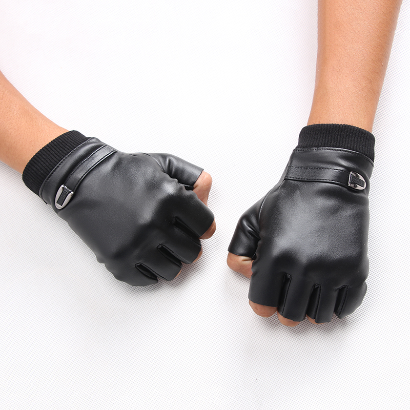 皮手套男半指加绒加厚保暖电脑打字写字半截无指漏指半只露指外卖