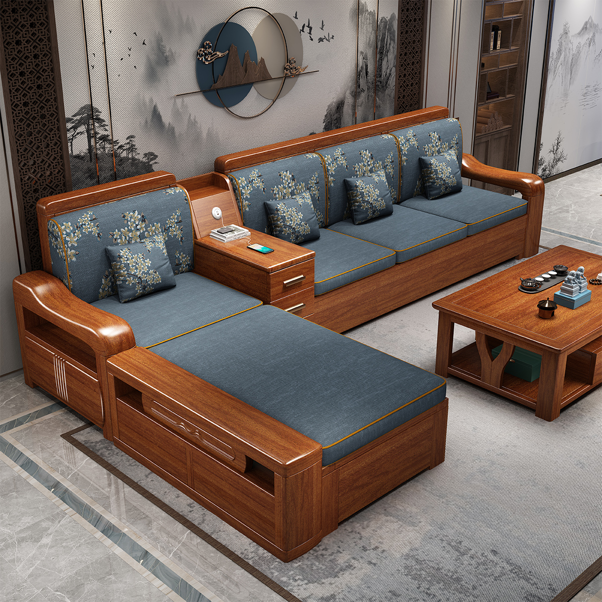 月影梳桐胡桃木实木沙发组合现代中式客厅雕花经济型储物木质沙发实木