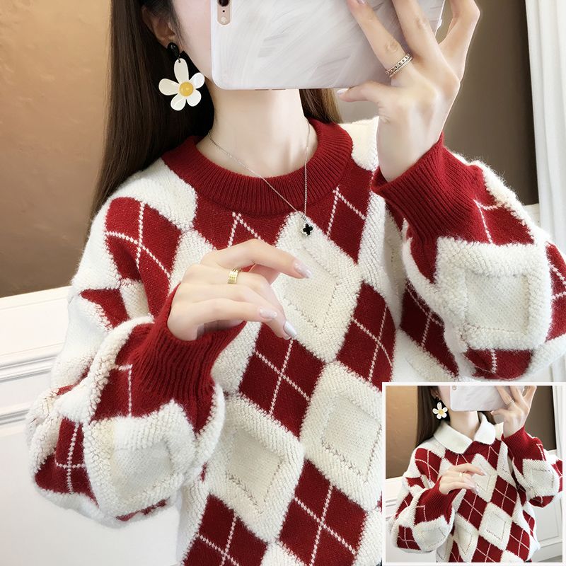 冬季加厚菱形毛衣女紫色秋冬外穿2023新款红色针织宽松打底衫高清大图
