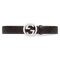 [直营]GUCCI 古驰 Signature系列 男士牛皮双G压纹板扣腰带