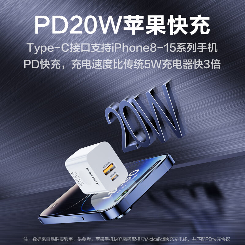 品胜(PISEN)3C认证充电器 PD20W快充+22.5W多口充电头USB插头 KC-C02/云初白高清大图