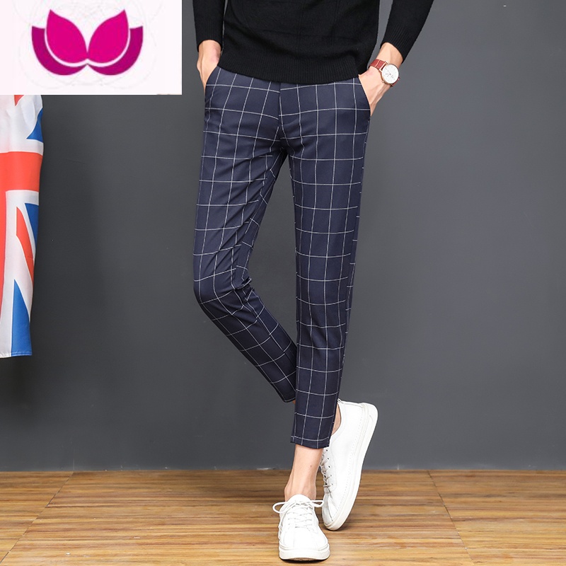 七斓格子男九分裤修身男士英伦裤子男生秋季小西裤9分休闲裤韩版潮流
