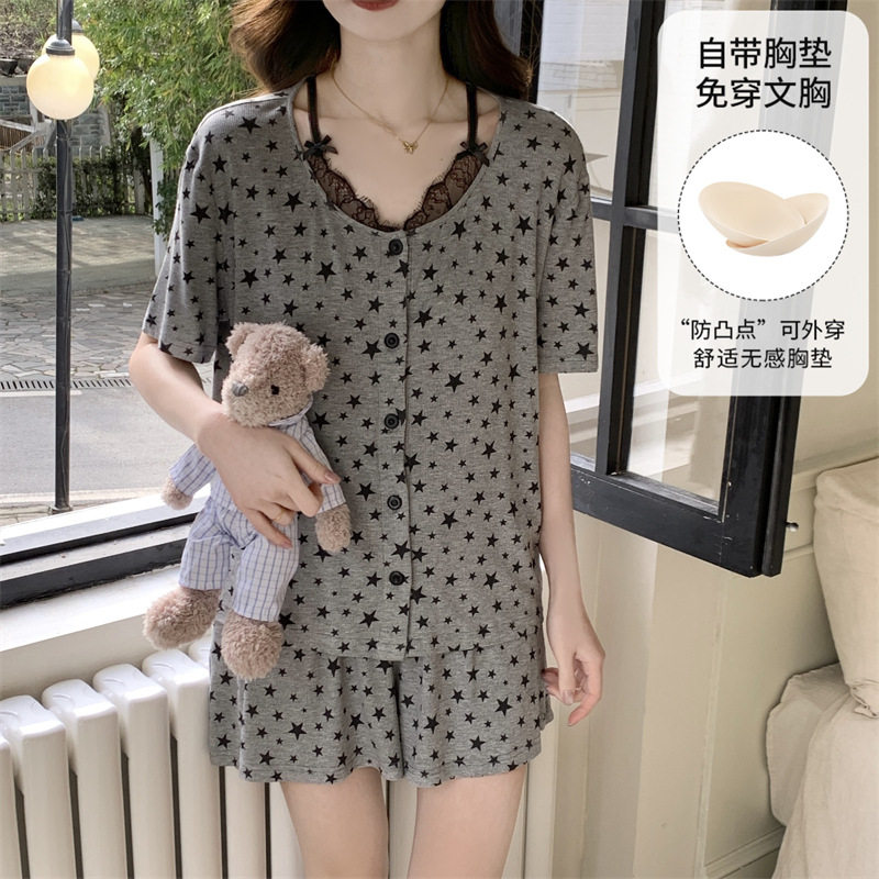 睡衣女士夏季开衫短袖裤套装薄款大码2026新款带胸垫家居服高清大图