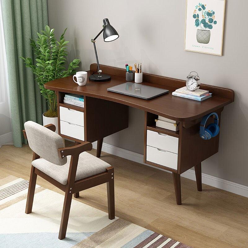 绵冠(MIANGUAN)实木书桌北欧网红电脑桌学生学习桌办公桌家用卧室带抽屉桌子+椅子 1.4米胡桃色（双边抽屉）