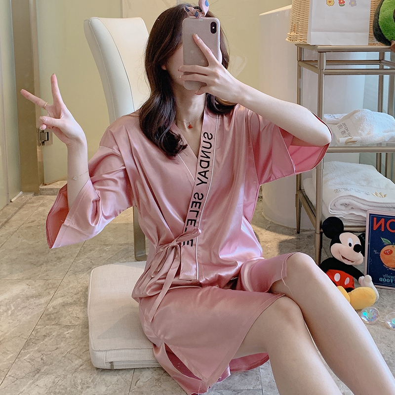 性感睡袍女士薄款冰丝夏季睡裙大码丝绸浴袍睡衣裙春秋和服家居服