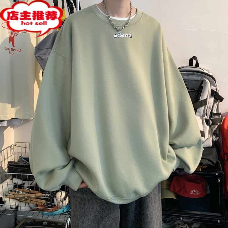 SHANCHAO牛油果绿色圆领卫衣男秋季高克硬挺长袖上衣oversize情侣外套