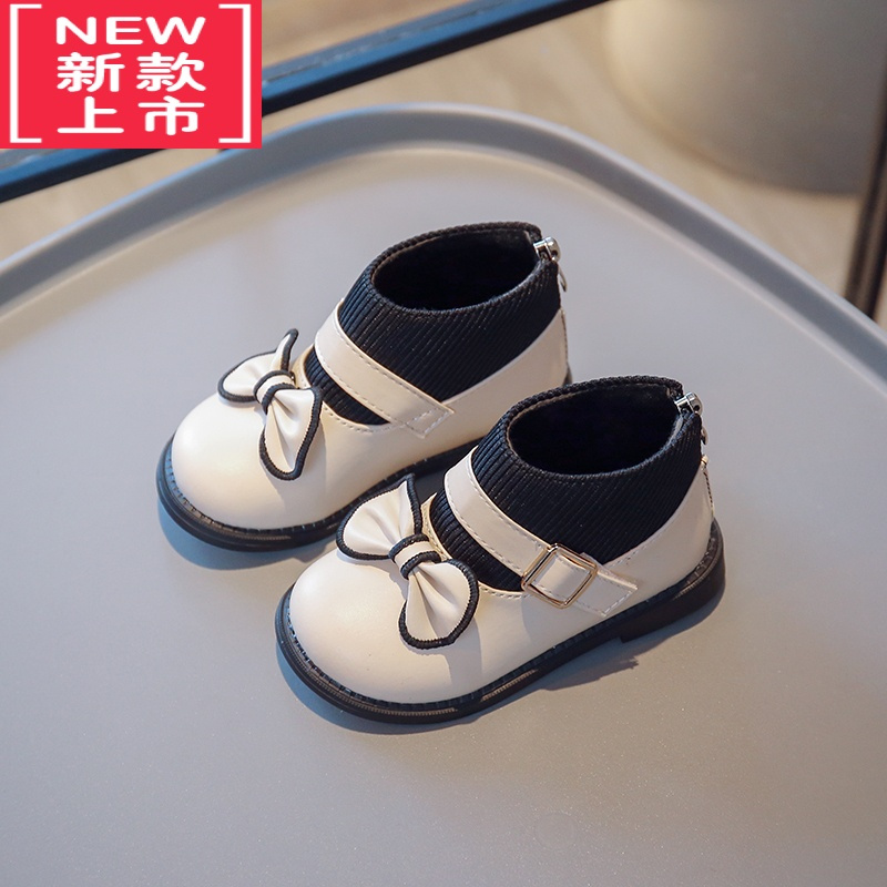 可莉允儿童靴子女2022年冬季新款加绒二棉靴子女童蝴蝶结平底公主短靴潮