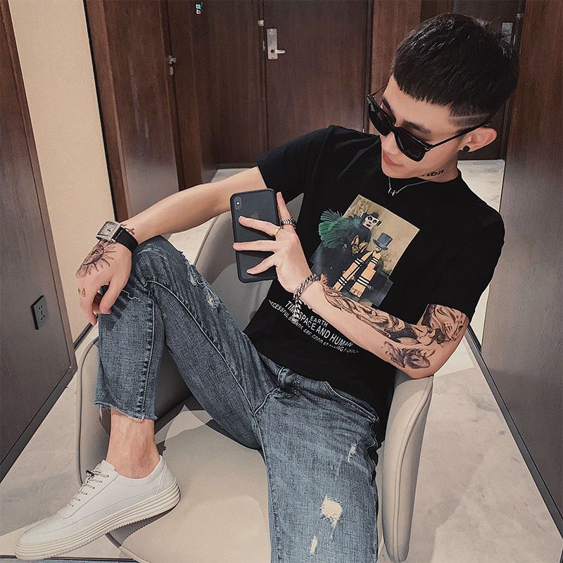 梵克公牛社会精神小伙紧身抖音衣服快手红人同款短袖男痞帅风韩版学生