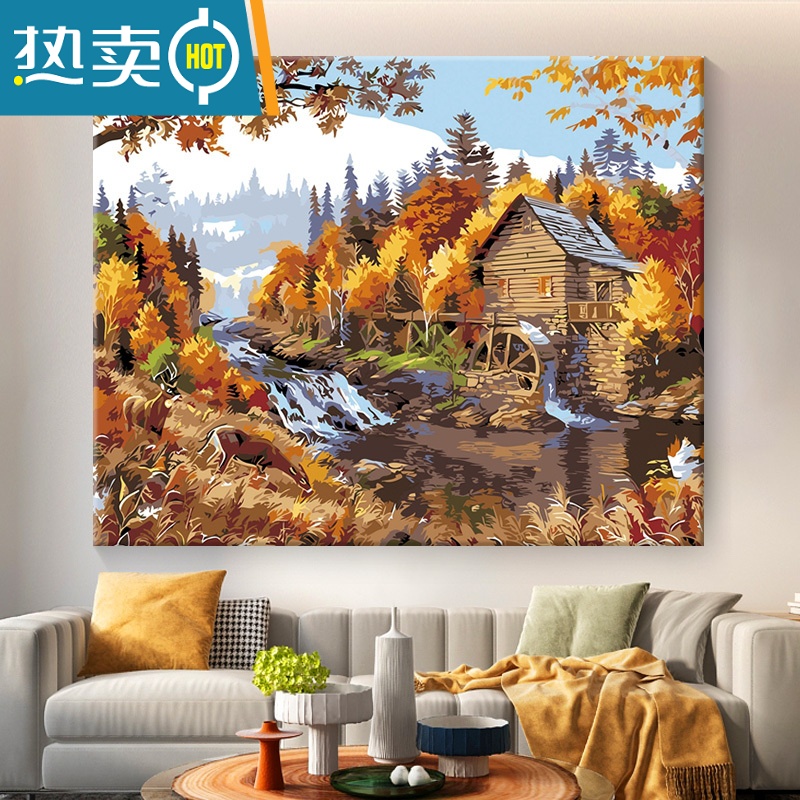 敬平数字油画diy油彩画客厅风景填色手工绘填色装饰画夜色电车装饰画 秋木水车 70*90cm绷好实木加厚内框大份高亮环保颜料+6支画笔+亚