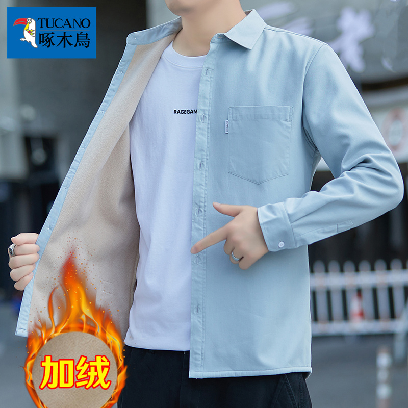 啄木鸟长袖衬衫男士加绒厚秋冬季纯棉休闲上衣新款宽松衬衣外套休高清大图