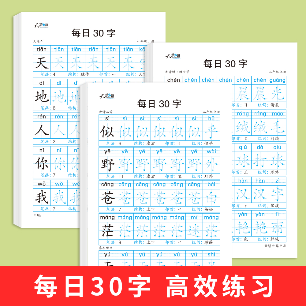 一年级下册3本 [正版]减压同步字帖每日30字一年级上册点阵控笔训练字帖小学生二三年级上下册人教版语文同步练字帖笔画笔顺高清大图