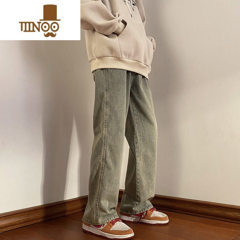 YANXU黄泥色牛仔裤男日系水洗做旧潮牌美式高街百搭宽松直筒休闲长裤Y高清大图