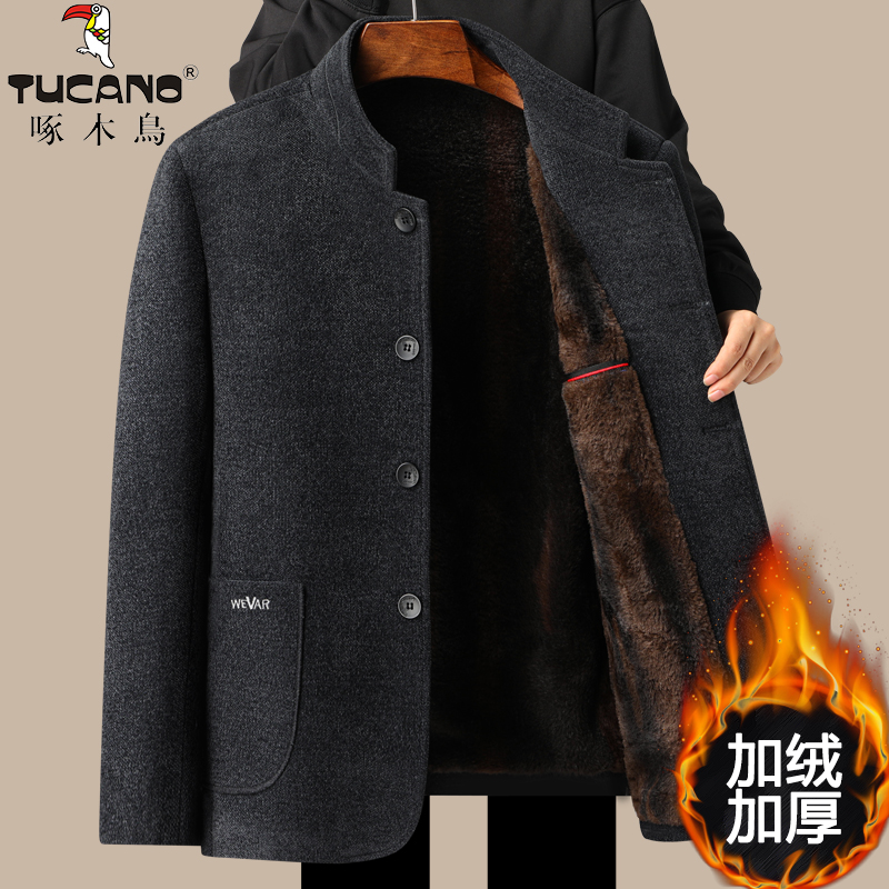 啄木鸟爸爸冬装毛呢棉服外套加绒加厚款中老年棉衣男爷爷保暖棉绒高清大图