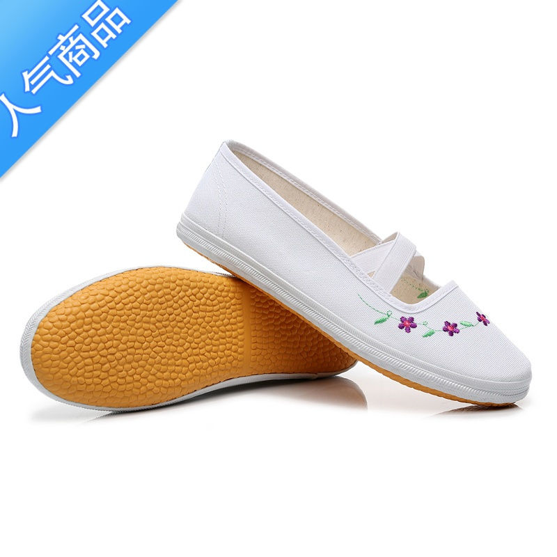 女款小白鞋绣花帆布鞋女学生舞蹈演出表演鞋护士工作鞋软底白布鞋