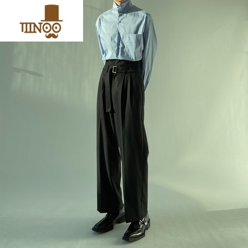 YANXU黑色高腰设计感韩版西装裤直筒宽松阔腿休闲裤垂坠感免烫男士裤子高清大图
