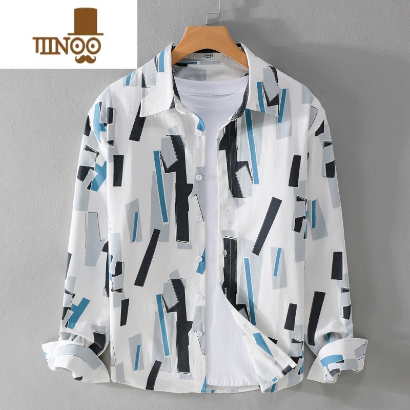 YANXU设计感衬衫男长袖潮流个性雅痞上衣服日系潮牌印花衬衣外套高清大图