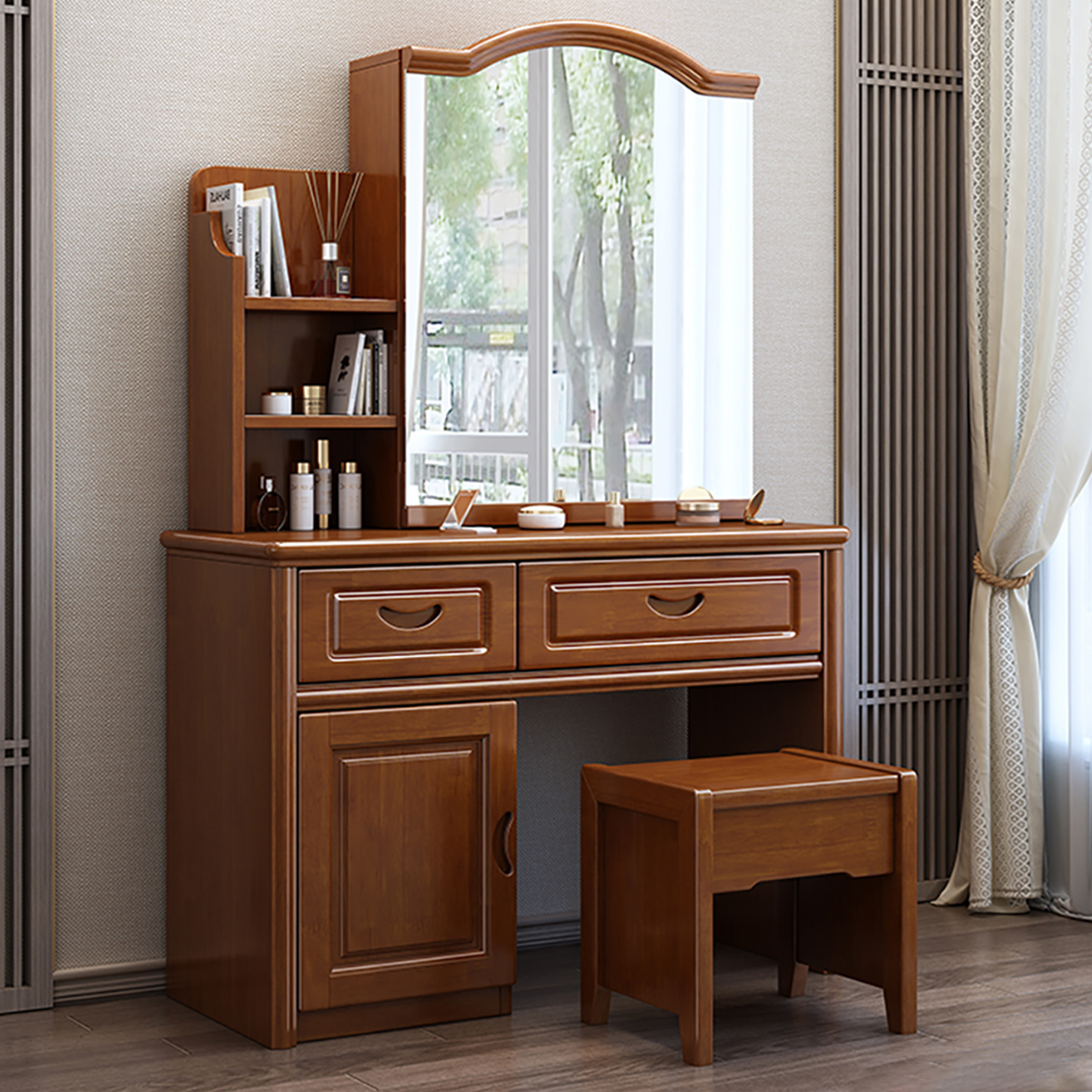 中式梳妆台卧室小户型迷你化妆桌现代简约储物收纳柜一体桌实木