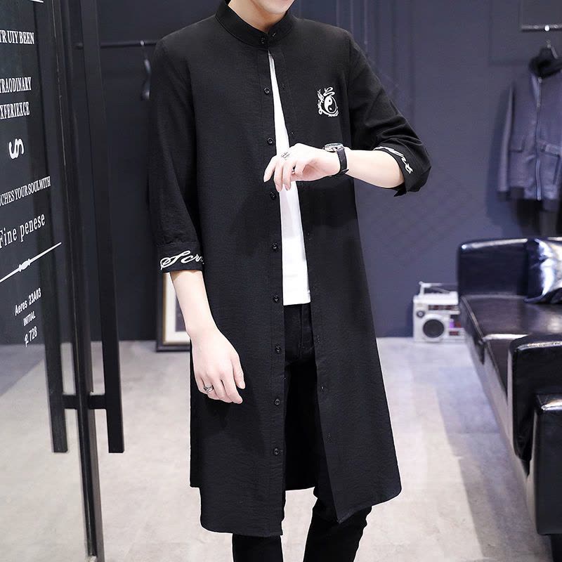 风衣男秋季长款过膝披风休闲衬衫韩版加肥加大潮男士加长秋装外套图片