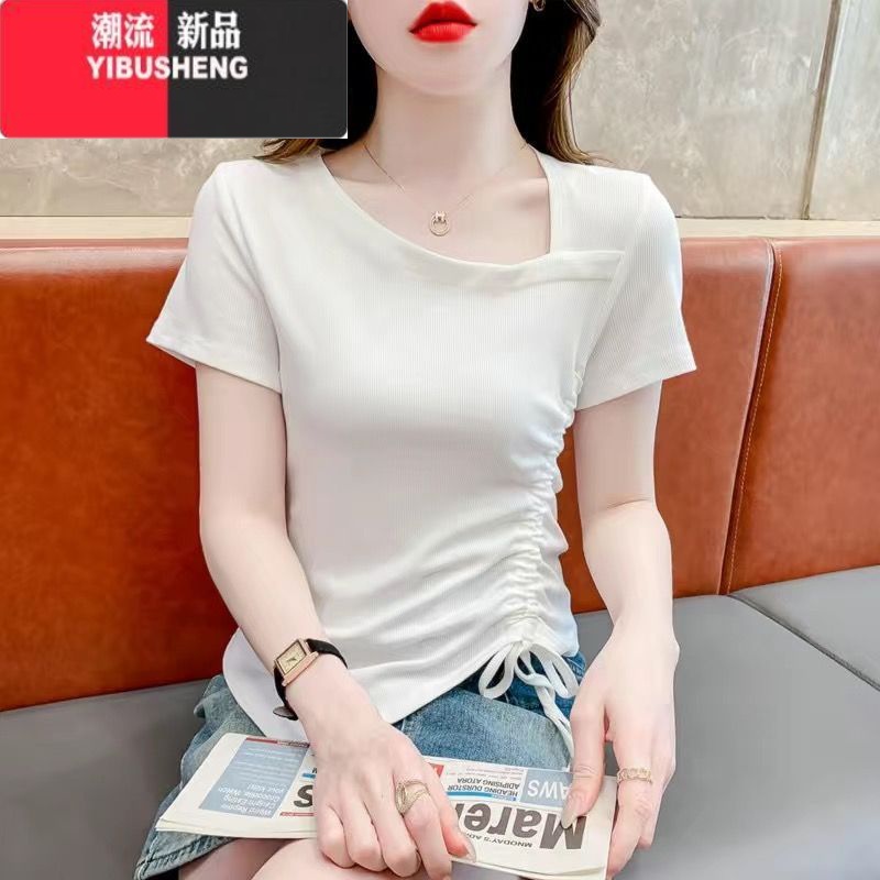 YIBUSHENG纯气减龄设计感小众不规则短款短袖t恤女士季新款上衣印花 白色优质版 XXL
