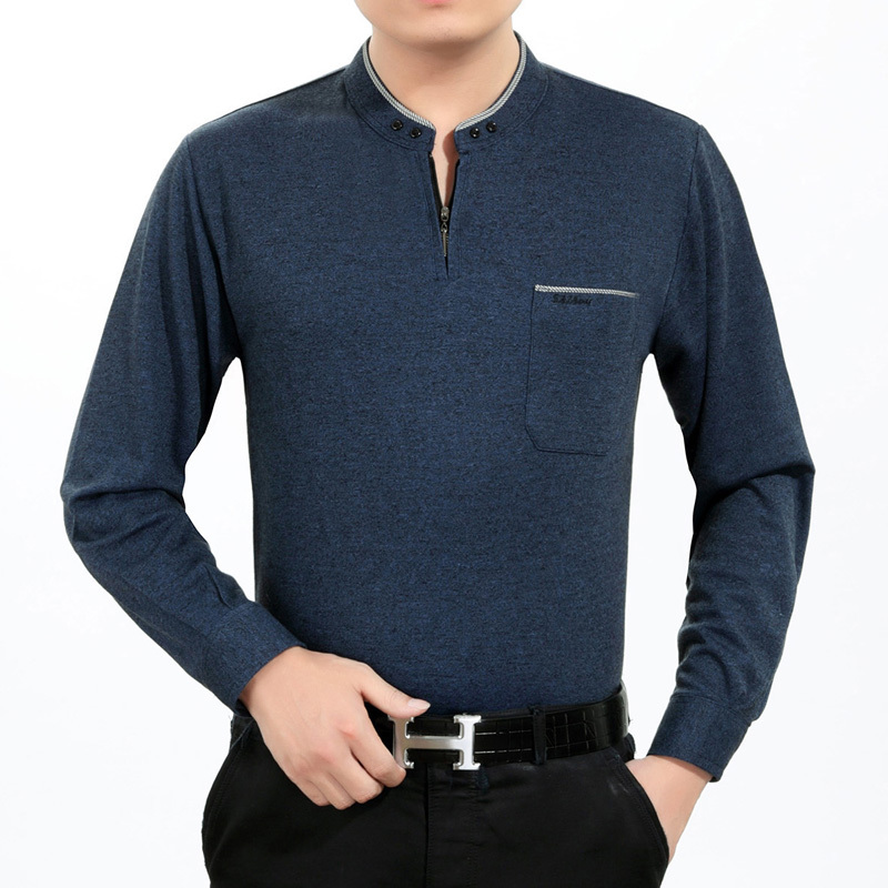 歌爱妮2020长袖t恤男装宽松中老年人爸爸爷爷装弹力有口袋中年男士