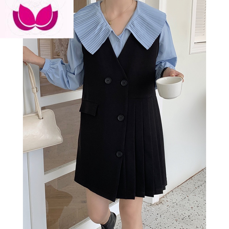 七斓春季新款女装套装活泼俏皮马甲衬衫套女百褶裙西装连衣裙