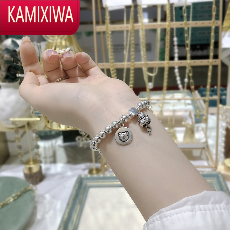 KAMIXIWA990足银十二生肖本命年虎猫银手链复古可爱气质珠子手串礼物